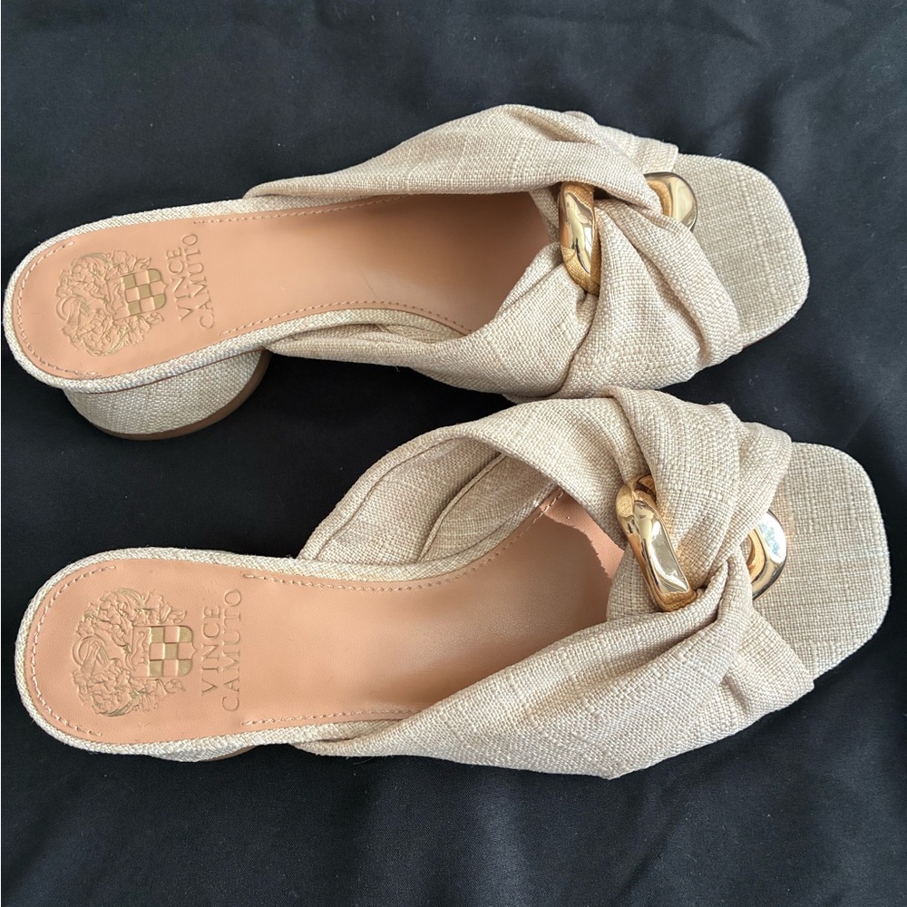Vince Camuto Beige Knotted Slide Mules with Gold Chain